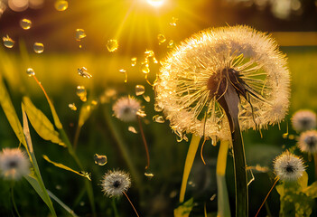Dandelion in the early morning in the rays of the rising sun and dew drops. AI Generated