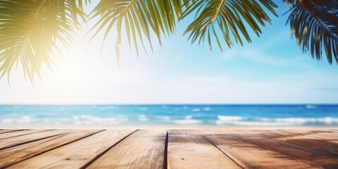 Empty wood table with tropical sea with palm leaves, Background with copy space for product display, Summer vacation, generative ai	