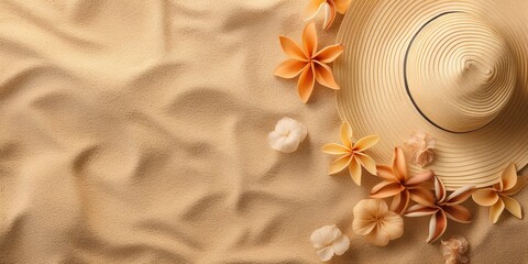 Straw hat and flower on sand beach, top view, generative ai