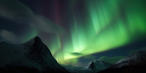 Fototapeta na wymiar Green aurora borealis shining in night sky over snowy mountain ridge near lake at night, Aurora borealis, generative ai