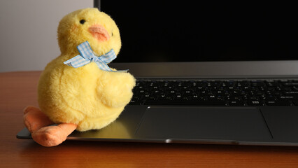 A yellow plush duck sits on a laptop keyboard.