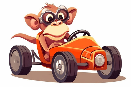 Funny monkey driving a racing car, cartoon style. AI generated