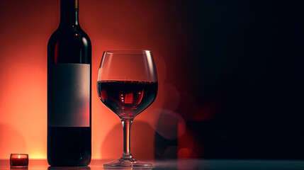 Macro shot, glass of red wine, next to a bottle of vintage premium wine, warm background. Professional studio photo