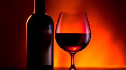 Fototapeta na wymiar Macro shot, glass of red wine, next to a bottle of vintage premium wine, warm background. Professional studio photo