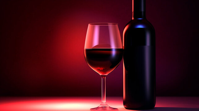 Macro shot, glass of red wine, next to a bottle of vintage premium wine, warm background. Professional studio photo