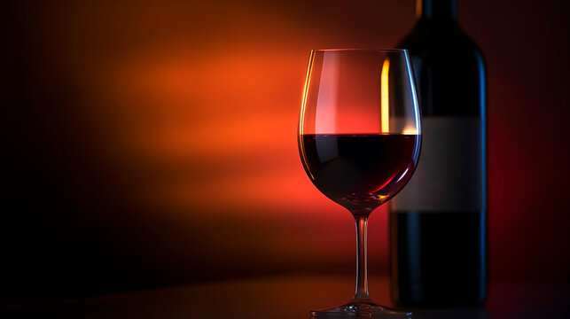 Macro shot, glass of red wine, next to a bottle of vintage premium wine, warm background. Professional studio photo
