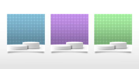 Set of abstract 3D blue, purple, green cylinder pedestal podium with seamless backdrop. Pastel minimal wall scene collection. Modern vector 3D rendering platform for product display, mockup, etc.