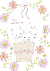 籠に入った３匹の子猫 大輪の花 サンキューカード