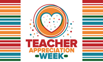Teacher Appreciation Week in United States. Celebrated annual in May. In honour of teachers who hard work and teach our children. School and education. Student learning concept. Vector illustration