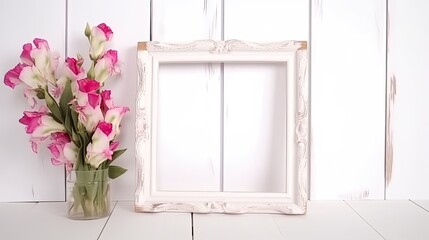 Rustic wooden picture frame mockup on a white wooden background with a bunch of white and pink snapdragons created with generative AI technology