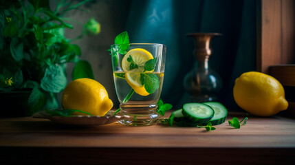 Saturated water in a beautifully shaped glass, with lemon, cucumber slices and mint, professional studio photo