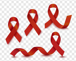 A large set of realistic red ribbons highlighted on a transparent background, a symbol of World AIDS Day, December 1. The symbol of the World Cancer Day, February 4. Design template.
