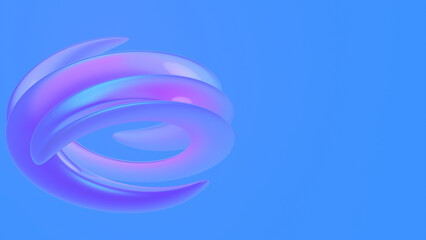 Abstract twisted 3d shape render. Glossy element with blue purple gradient texture. Bright blue background with space for text. Futuristic illustration for presentation, cover, poster, website banner