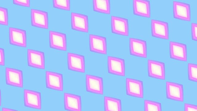 Changing pink to multicolor rhombus pattern. Background color changes from lilac to light blue. Seamless geometric animation. Groovy template banner. Expanding shapes motion loop. Birthday celebration