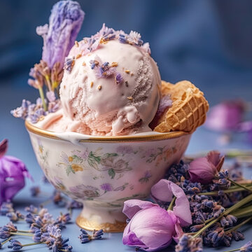 A dreamy shot of a scoop of lavender ice cream, set against a pastel pink and blue background. The ice cream is garnished with delicate edible flowers, adding a touch of elegance. 