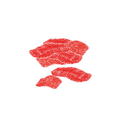 Cartoon sliced salmon. Red fish pieces, delicious sashimi slices, salmon steak and fillet flat vector illustration set. Salmon slices collection, red fish slice