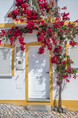 Traditional portuguese house with flowers in Algarve region of Portugal.
