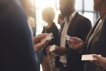 Networking at Business Conference: Blurred Professionals Exchanging Business Cards - obrazy, fototapety, plakaty