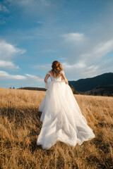 Fototapeta na wymiar Romantic mountain escape - bride's flowing gown adds enchantment to breathtaking scenery.