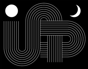 Abstract contemporary aesthetic background with geometric balance shapes, rainbow, moon and sun circle. Modern minimalist print. Aesthetic boho wall decoration concept.