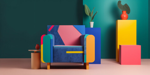 home colourful art geometric design memphis sofa armchair room pink interior. Generative AI.