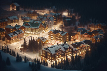 Aerial view of a snowy mountain resort at night with glowing houses and streets