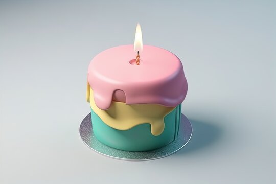 Birthday cake with candle colorful 3d render on isolated background. Delicious party dessert with cream