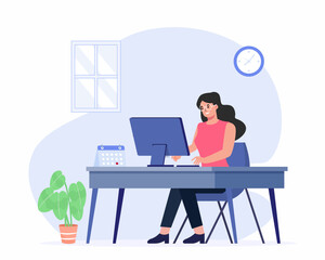 Young woman sits at a table and working on the computer concept of Distance learning concept, e-learning, remote work from home.