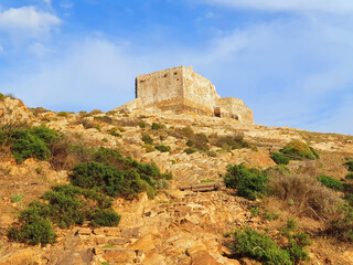 Fototapeta na wymiar The stone castle of Volterraio stands on a mountain against the blue sky.