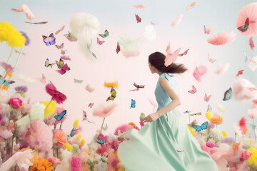 flying woman falling colorful flower peony spring background retro fashion beauty art. Generative AI.