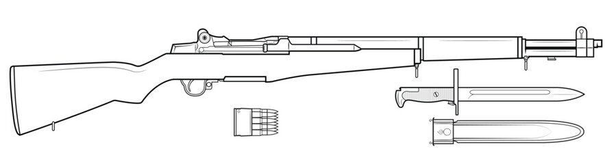 Vector illustration of the M1 Garand rifle and equipment such as a bayonet N1905, bayonet sheath and cartridge clip on the white background. Right side.