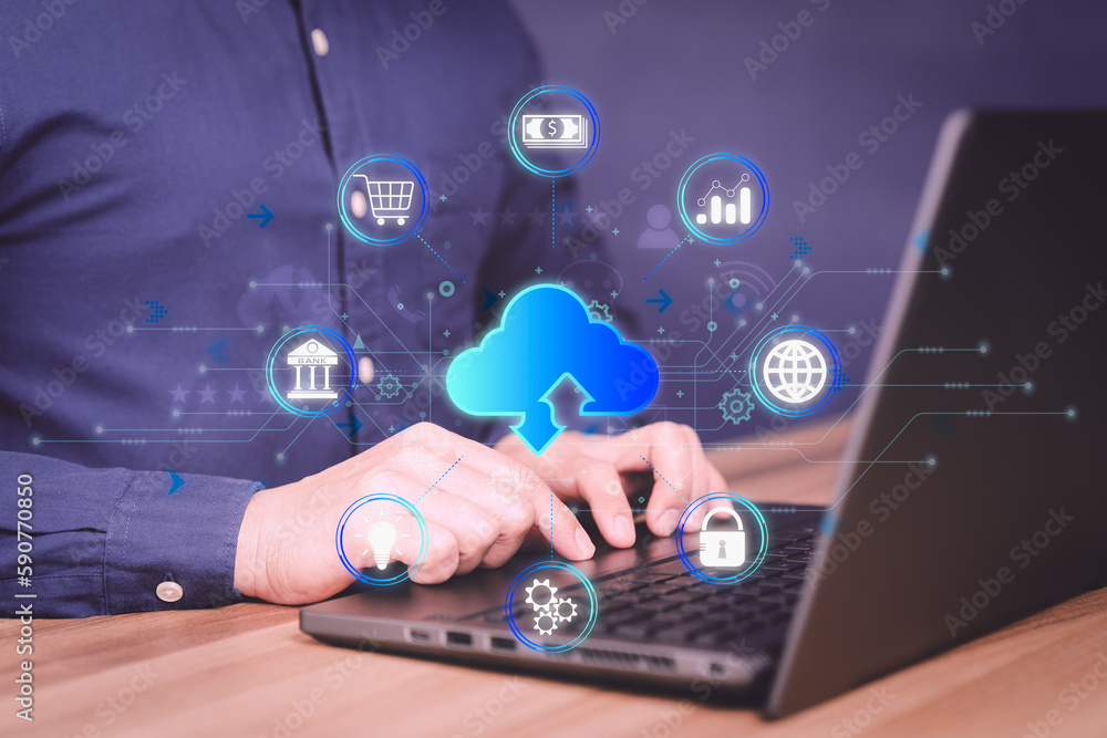 Poster Businessman using laptop computer with cloud computing diagram. Business concept of cloud computing, Big Data Storage, Banking, Internet network security, Finance, Online Shopping, Digital link tech.