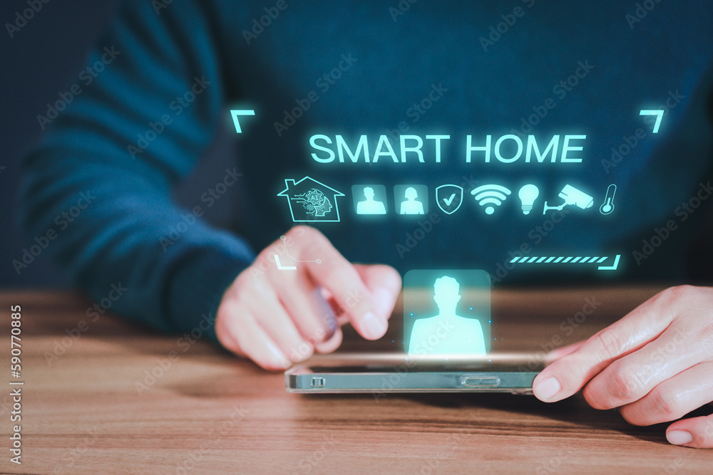 Poster Adult man controlling technology AI smart home devices using a smartphone with launched application in the living room. Iot smart home automation app concept.