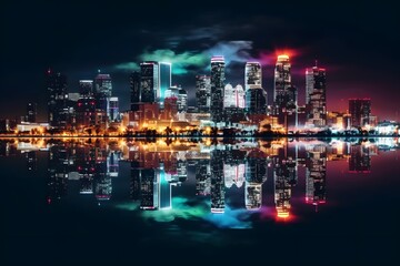 A city skyline at night with colorful lights and reflections on the water. Business District Background. Generative Ai.