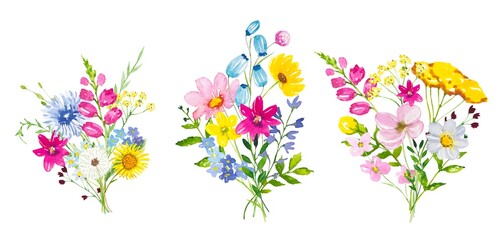 Set of bouquets with meadow   flowers and leaves. Watercolor