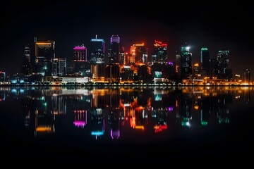 Fototapeta na wymiar A city skyline at night with colorful lights and reflections on the water. Business District Background. Generative Ai.