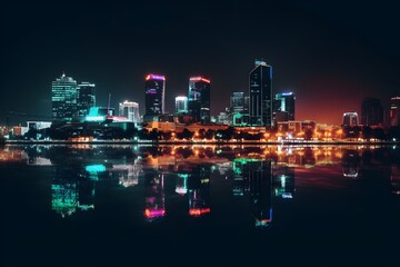 Obraz premium A city skyline at night with colorful lights and reflections on the water. Business District Background. Generative Ai.