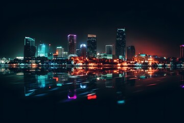 Fototapeta na wymiar A city skyline at night with colorful lights and reflections on the water. Business District Background. Generative Ai.
