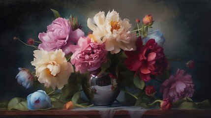 Obraz premium Bouquet of peonies in vase, multi-coloured, generative ai