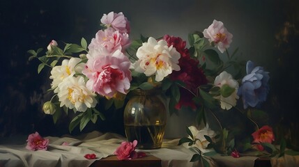 Obraz na płótnie Canvas Bouquet of flowers in vase, multi-coloured, vintage, generative ai