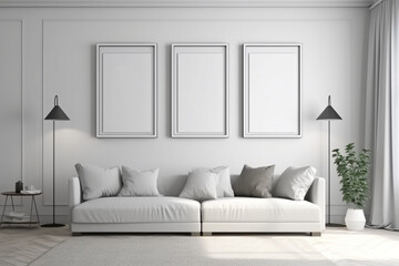 Blank picture frame mockup on a white wall. Modern living room design. View of modern Scandinavian-style interior with sofa,  Generative AI	