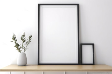 Fototapeta na wymiar empty blank picture frame mockup on a white wall, Generative AI 