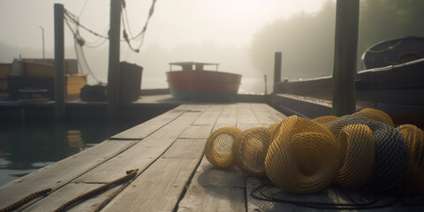 Misty Morning on the Pier: Fishing Gear and Boats