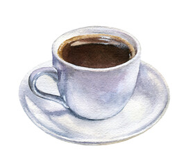 Watercolor illustration of a cup of black morning coffee, isolated on a white background.