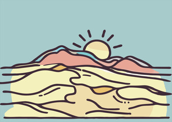 Desert landscape hand drawn. Desert area, sandy terrain. Vector illustration.
