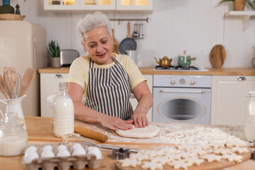 Happy senior woman cooking in kitchen. Stylish older mature gray haired lady grandmother knead dough bake cookies. Old grandma cook homemade food. Household housewife housework concept.