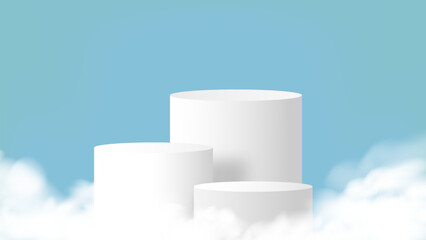 white cylinder pedestal podium display on blue backrground and clouds,  Abstract modern vector rendering 3d shape for products display presentation.minimal wall scene, Studio room.