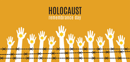 Holocaust Remembrance Day. Human hands with a yellow star of David behind barbed wire. Vector illustration.