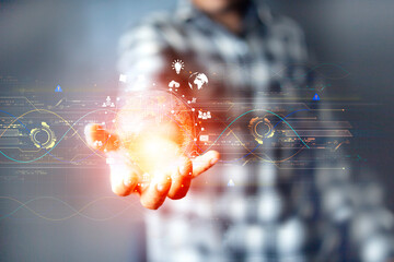 business people pointing to internet connection virtual screen interface technology information technology network Wireless innovation around the world Internet data collection technology.