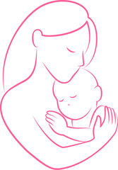 Mother holding baby son in arms. Happy mothers day. Vector illustration for greeting card, poster, banner.